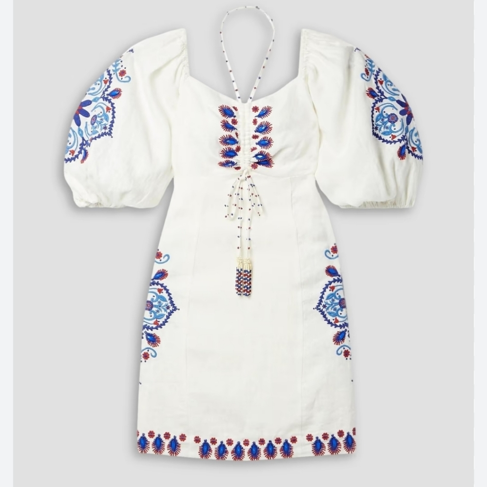 FARM Rio White Mini Dress with Blue & Red Embroidered Motifs